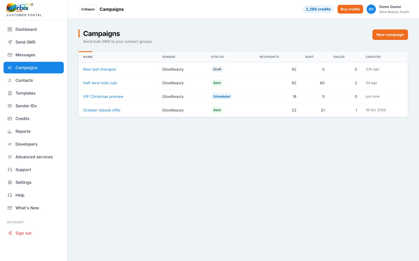 Scheduled, sent and draft campaigns side by side in the Orbis SMS portal