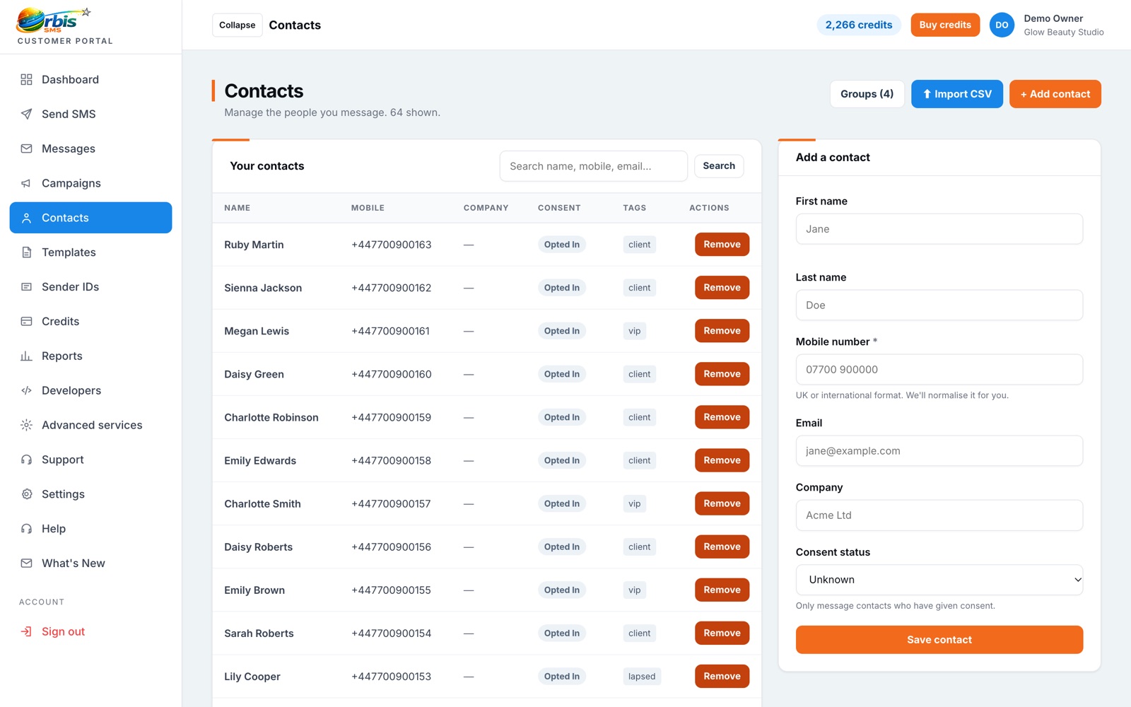 Consent and opt-out status on every contact in the Orbis SMS portal