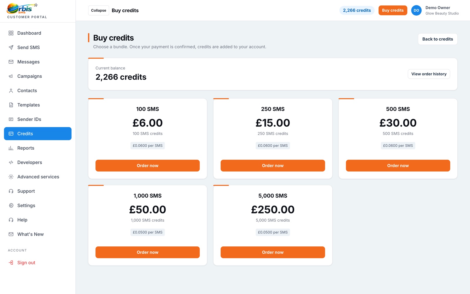 Buying a credit bundle in the portal in the Orbis SMS portal