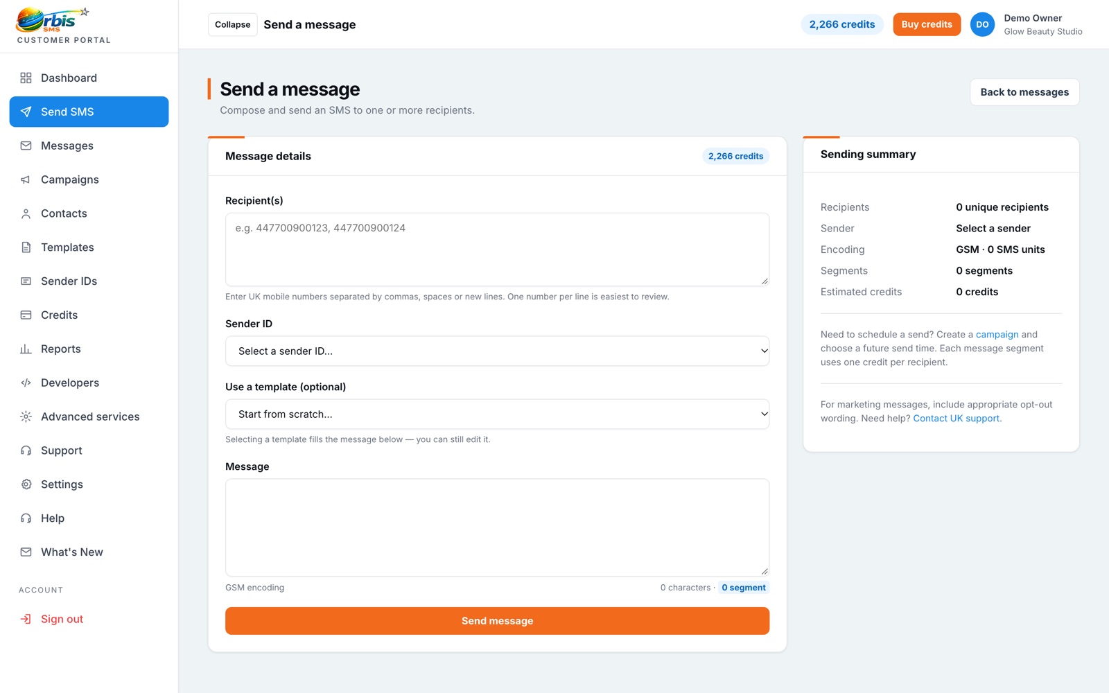 Composing a message, with live character and credit counts in the Orbis SMS portal