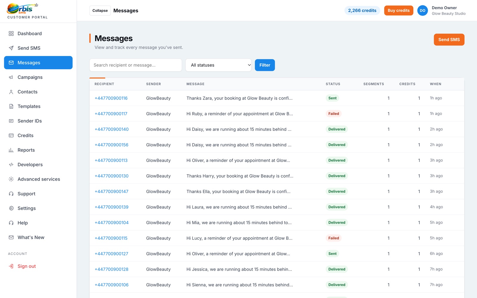 Message history with delivery status for every text in the Orbis SMS portal