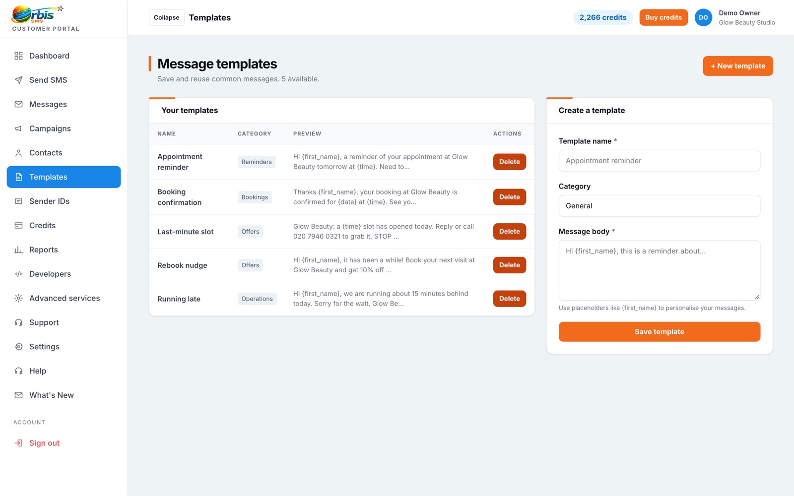 Reusable templates with personalisation placeholders in the Orbis SMS portal